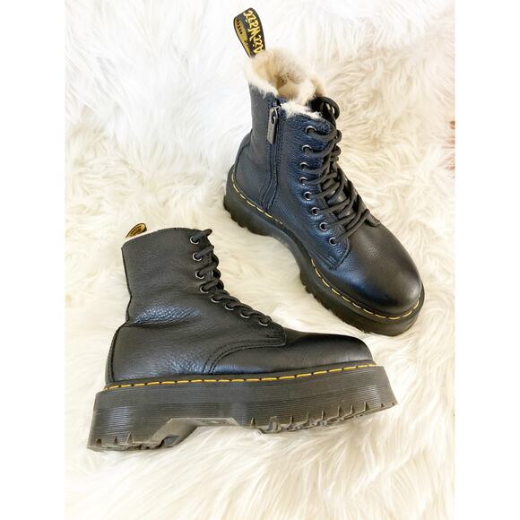 DR MARTENS Jadon Faux Fur Black Platform Leather Combat Boots 7 - Picture 2 of 11